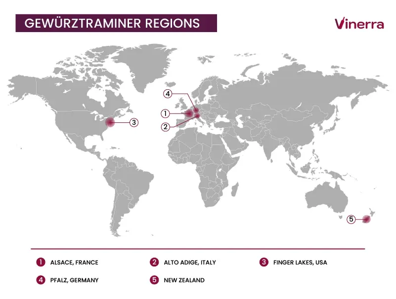 Main wine regions where Gewurztraminer Thrives